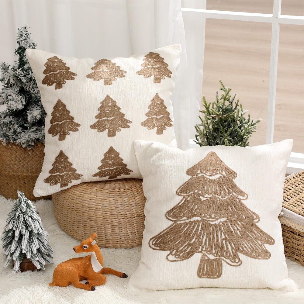 3015 Christmas Pine Tree Throw Pillow Covers Set of 2, 18x18 Inch Cream